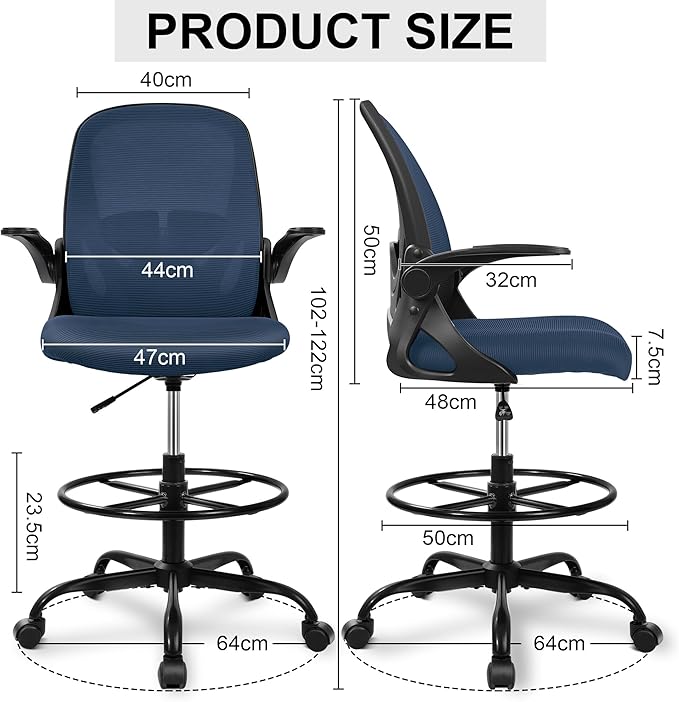Primy Drafting Chair Tall Office Chair with Flip-up Armrests Executive Ergonomic Computer Standing Desk Chair with Lumbar Support and Adjustable Footrest Ring (Navy)