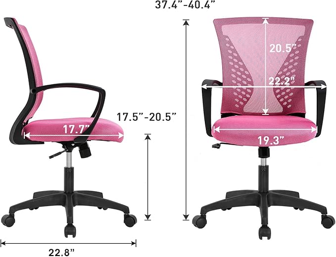 FDW Home Office Chair Mid Back PC Swivel Lumbar Support Adjustable Desk Task Computer Ergonomic Comfortable Mesh Chair with Armrest (Pink)