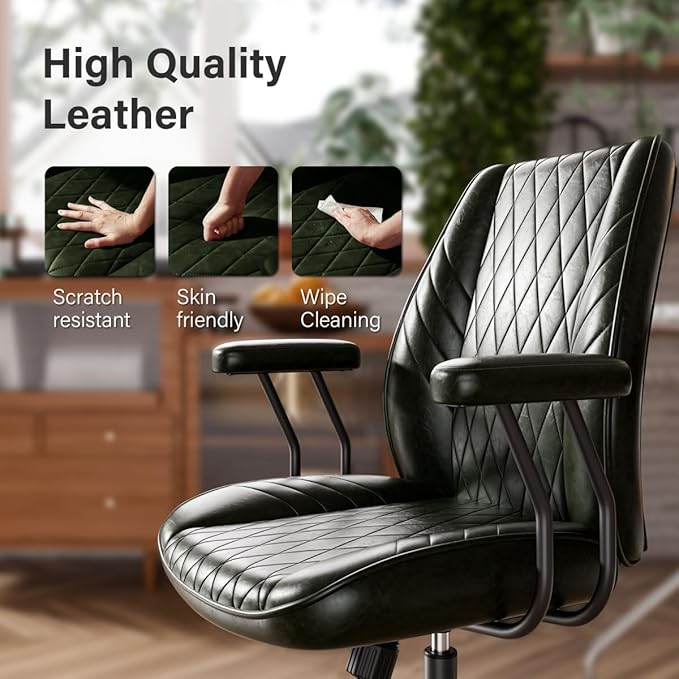 Green Leather Office Desk Chair with Quiet Rubber Wheels, Height Adjustable, Padded Arms, Vintage Mid Century Office Chair, Retro Style Desk Chair