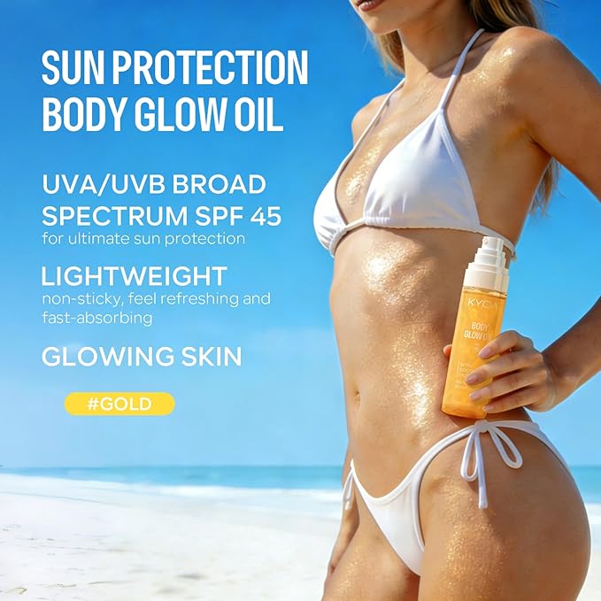 KYDA Travel Size Sunscreen,SPF 45 Sunscreen Spf Body Oil with Gold Mica, Sun-kissed Glow Skin Illuminator, Moisturizing Coconuts Summer Sunscreen,Water Resistant, 3.38 fl oz, GOLD
