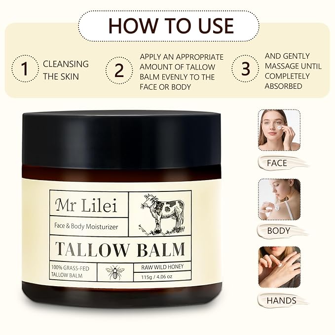 Organic Grass-Fed Beef Tallow Balm with Raw Honey - Face & Body Moisturizer - Natural Whipped Skin Care Cream for Dry Skin- Hydrating Body Lotion for Nourishment (Unscented, 115g/4.06oz)
