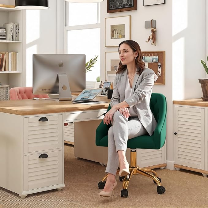 MOJAY Velvet Office Swivel Chair, Vanity Fabric Desk Pretty Fancy Gold Office Chairs for Girls, 360°Swivel Height Adjustable Reception Chair (Green)