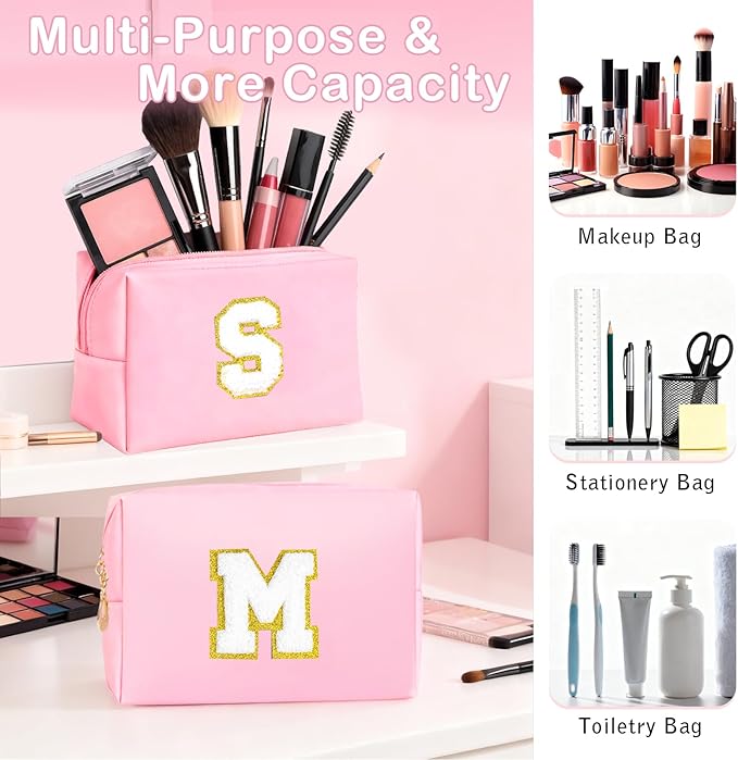 Initial Makeup Bag - Birthday Gifts for Girls 4 5 6 7 8 9 10 11 12 Year Old Teen Girls, Personalized Teen Girl Gifts - Preppy Cosmetic Bags Cute claw clips for Kids Women (Pink M)