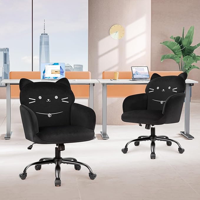 IWMH Home Office Chair Wide Seat Desk Chair Cute Velvet Swivel Vanity Chairs Cat Themed Computer Task Chairs with Wheels Upholstered Modern Accent Armchair for Living Room Bedroom Study Makeup Black