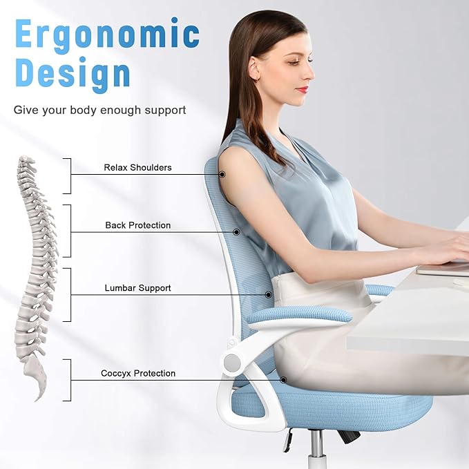 naspaluro Office Chair, Desk Chair with Adjustable Height, Flip-Up Arms and Lumbar Support, Mid-Back Breathable Mesh Home Office Chair, Blue