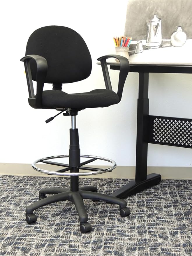 Boss Office Products Ergonomic Works Drafting Chair with Loop Arms in Black, Mid-Back