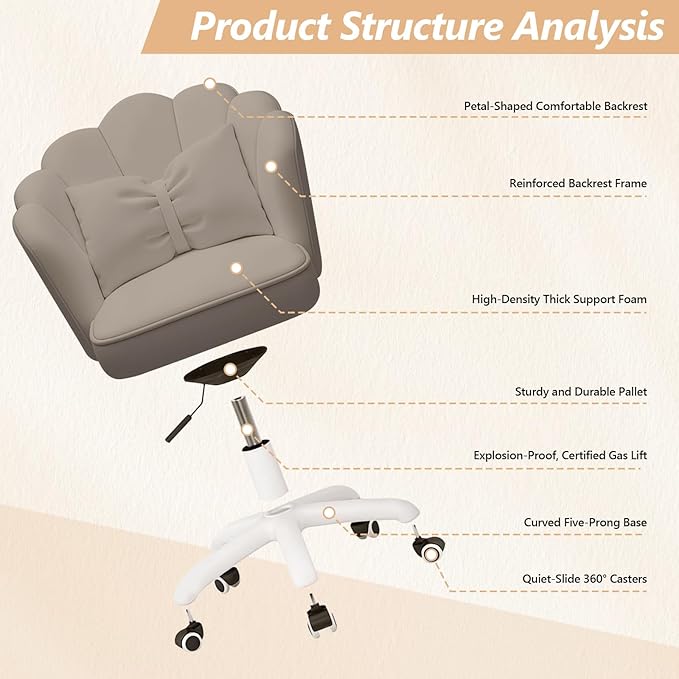 Home Office Desk Chair Swivel Rolling Vanity Chair with Silent Wheels and Comfortable Back, Adjustable Height Upholstered Computer Task Chair for Makeup, Bedroom