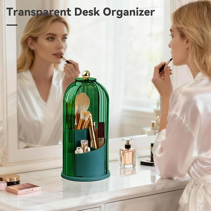 360° Rotating Makeup Brush Holder with Lid, Waterproof Three-Compartment Makeup Organizer, 180° Side-Pull Door Desk Organizer, Dustproof Brush Holder for Vanity and Bathroom (Green)
