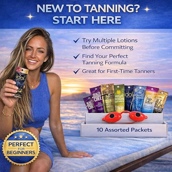 10 Pack of Tanning Bed Lotion Packets + Eyewear, The Tan Box is a Random Selection, Best Indoor UV or Outdoor Sun Cream, Dark Accelerator with Goggles (0.5 oz each)
