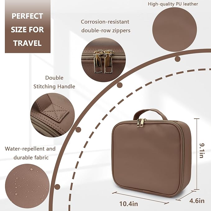 Makeup Bag with Mirror,with Mirror 3 Color Setting and Detachable 10x Magnifying Mirror Large Vanity Makeup Cases,Portable Storage and Adjustable Dividers, for Women and Makeup Artists-Mocha
