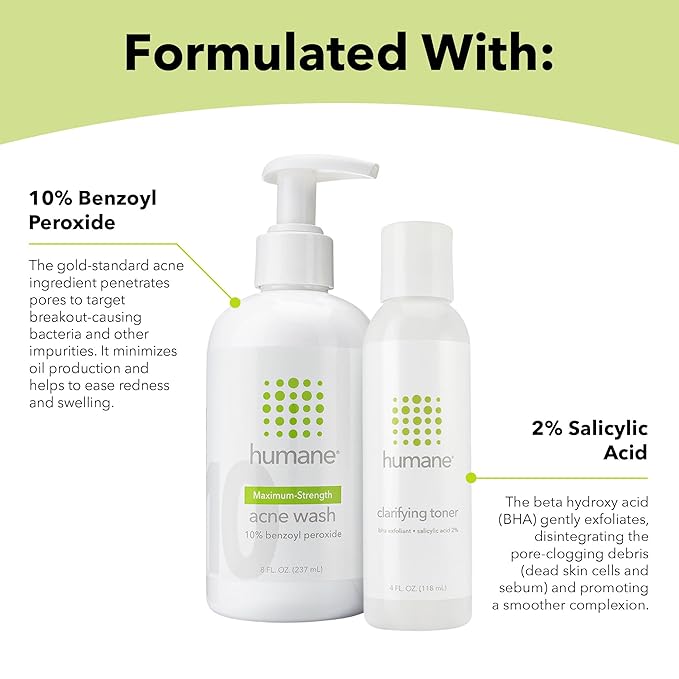 humane Maximum-Strength Acne Wash and Clarifying Toner Bundle - 10% Benzoyl Peroxide Acne Treatment