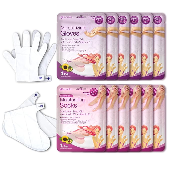 Epielle Moisturizing Hand & Foot Masks, Soften Dry Skin with Sunflower Seed Oil & Vitamin E, Self Care Gifts for Women, Spa Kit, Easter Basket Stuffers, 6 Moisturizing Gloves & 6 Moisturizing Socks