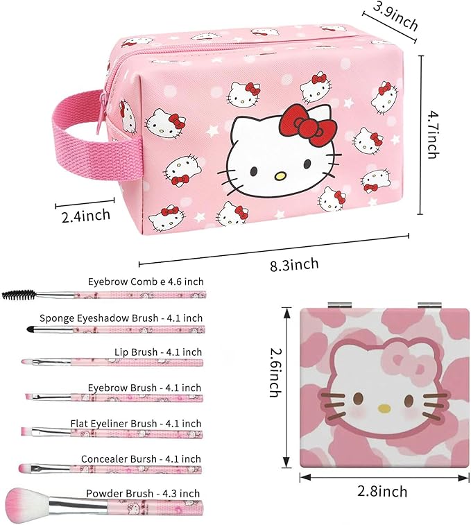 Cute Makeup Bag Set, 1 Makeup Bag and 7 Makeup Brush and 1 Compact Mirror, PU Leather Travel Cosmetic Bag, Gifts for Women Girls, pink0202
