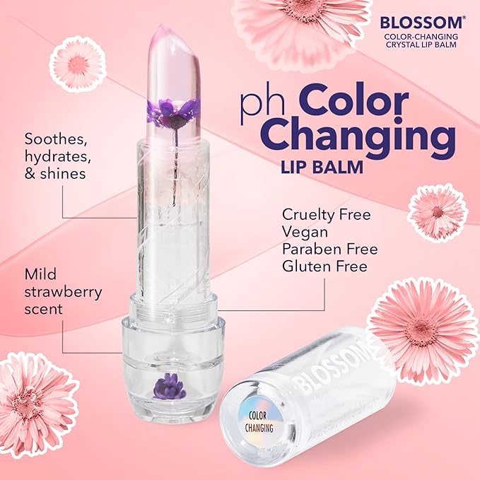 Blossom Lip Gloss Moisturizing pH Lip Balm, Strawberry Scented Color Changing Crystal Lip Stain Tint, Infused with Real Flowers, 3g, Purple