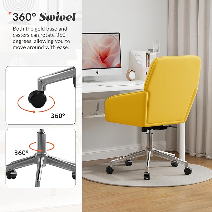 YISHENG Velvet Office Desk Chair with Silver Base, with Wheels,Modern Height Adjustable 360 Degree Swivel Upholstered Vanity Chairs with Arms for Living Room Bedroom,Yellow
