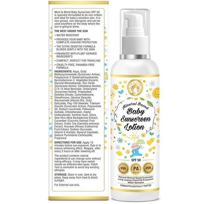 Mom & World Mineral Based Baby Sunscreen Lotion, SPF 50 PA+++, 120ml - UVA/UVB Protection, Water Resistance