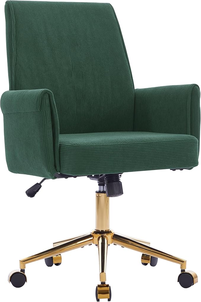 YITAI Stripes Velvet 360°Swivel Desk Chair, Modern Height Adjustable Home Office Armchair with Gold Base and Wheels for Vanity, Comfy Computer Chair for Study Living Room Bedroom（Green）