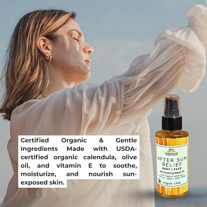 Organic Calendula After Sun Oil – Moisturizing Face and Body with Olive Oil and Vitamin E, Lightweight Formula for Normal to Oily Skin, 2 oz