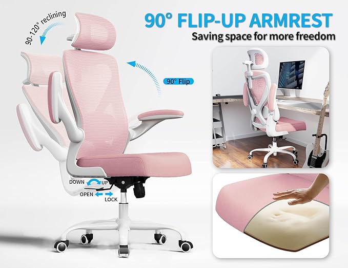Pink Ergonomic Office Chair: Mesh Desk Chair Comfy with Adjustable Lumbar Support 330lbs High Back Computer Gaming Chair - Big and Tall Office Chairs with Headrest - Adults Home Office