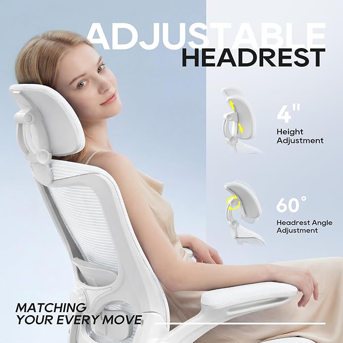 Ergonomic Office Chair, High Back Mesh Desk Chair with Adjustable Lumbar Support & Headrest, Flip-up Armrest, Computer Task Chairs for Home and Executive Office (W-White)