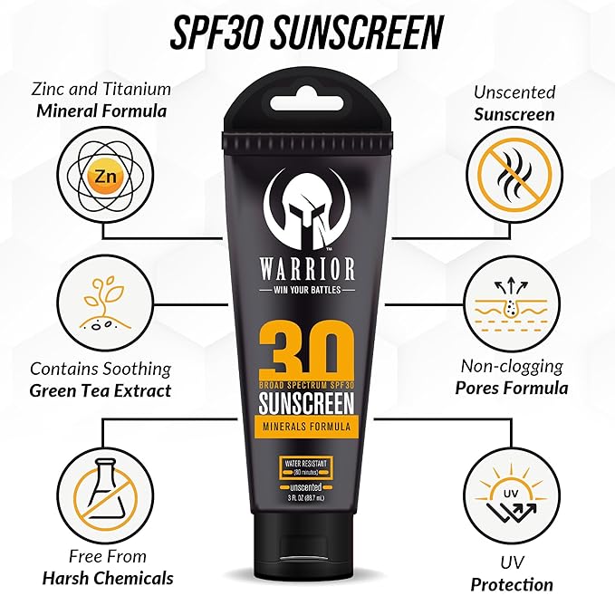 Warrior SPF 30 Sunscreen Lotion - Water Resistant, Reef Safe Lotion Sunscreen with Mineral Formula - Non-Toxic Sunscreen for Sensitive Skin - 3 OZ