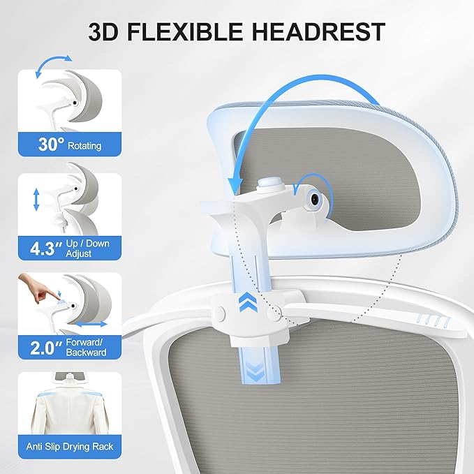 Ergonomic Office Chair, Mesh Desk Chair with Lumbar Support, High Back Home Office Chair with Adjustable Headrest and Flip-Up Arms, Comfortable Computer Chair, Thick Cushion, 300 LBS, LightGray