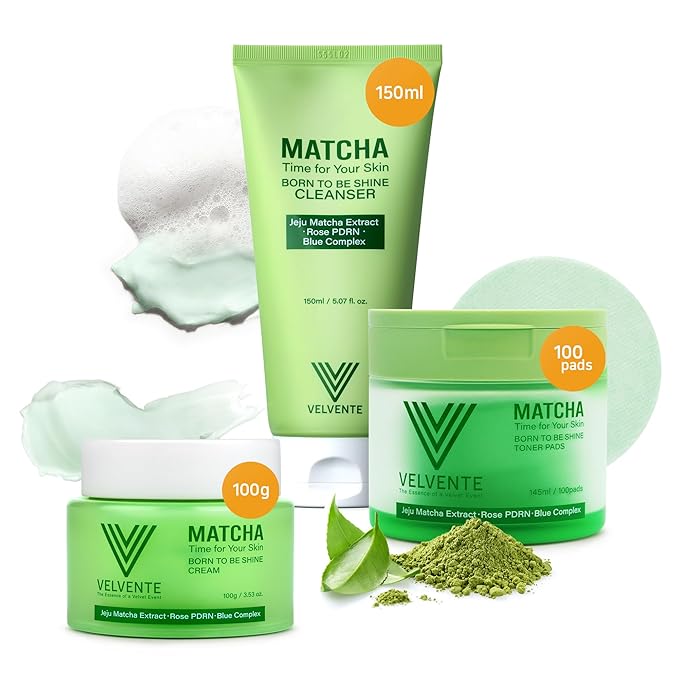 Matcha 3-Step Skincare Set – Cleansing Foam, Toner Pad & Moisturizing Cream – Green Tea & Plant PDRN – Hydrating, Soothing & Antioxidant Korean Skincare Routine