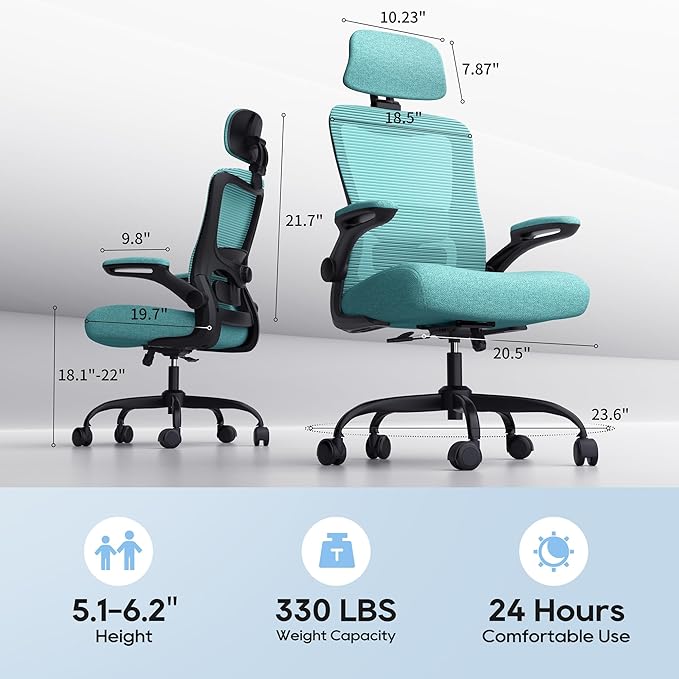 Ergonomic Office Chair, High Back Mesh Desk Chair with Adjustable Lumbar Support & Headrest, Flip-up Armrest, Computer Task Chairs for Home and Executive Office (B-Green)