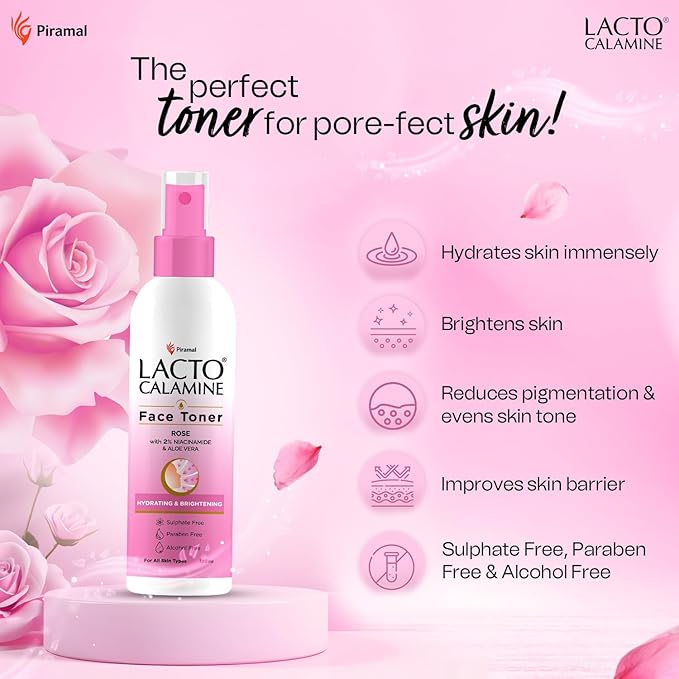 Lact'o Calamin'e Rose Water Toner for Glowing Skin | 120ml | Gulab Jal Face Toner | Rosewater with Aloe Vera & 2% Niacinamide | Moisturises Skin | No Sulphate, Alcohol, & Parabens
