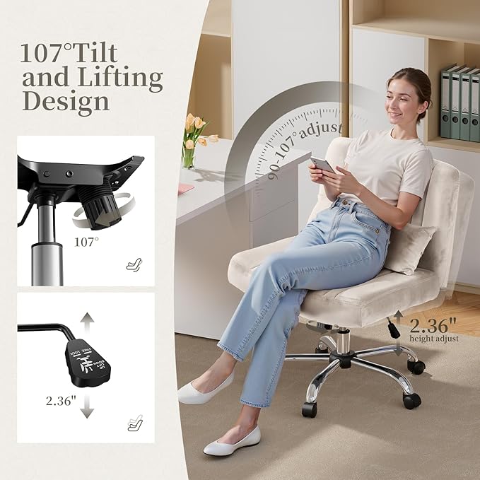 Velvet Office Chair, Luxury Criss Cross Chair with Wheels, Comfy Cross Legged Desk Chair for Home Office, Height Adjustable Vanity Chair, Wide Seat Computer Chair, Gift for Girlfriend, Beige