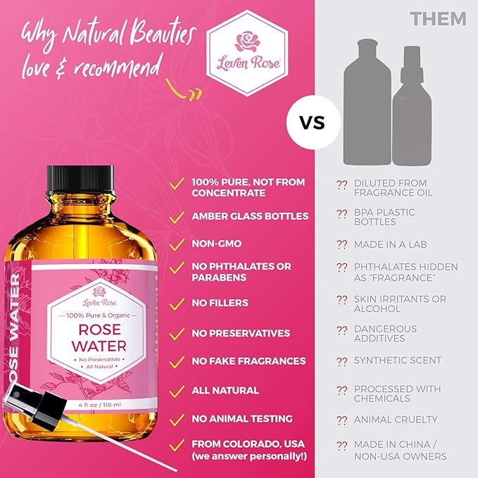 Jojoba Oil + Rose Water for Face Facial Toner Bundle by Leven Rose - Jojoba Moisturizer for Skin Hair Body and Nails 4 oz & Pure Moroccan Rosewater 4 oz
