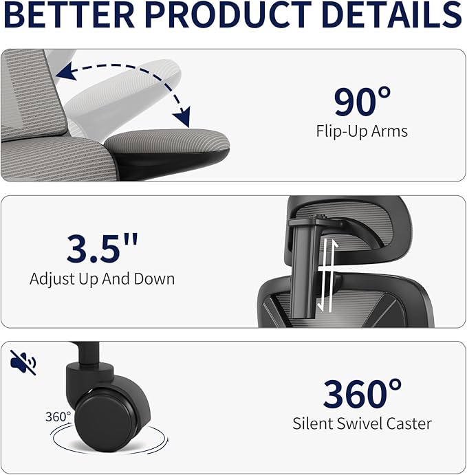 Ergonomic Office Chair - Desk Chair with Adjustable Headrest Lumbar Support Computer Chair - Mesh Comfy Chair with Flip-up Armrests - Gaming Chairs for Adults Home Office 330 LBS (Black+Gray)