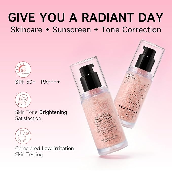 VELY VELY Vitamin Dark Spot Tone-Up Sun Serum, SPF 50+ PA++++ Broad Spectrum Facical Sunscreen Lightweight, Non-Sticky, No-Pilling Evens Out Skin Tone for Sensitive Skin 30ml/1.01 oz