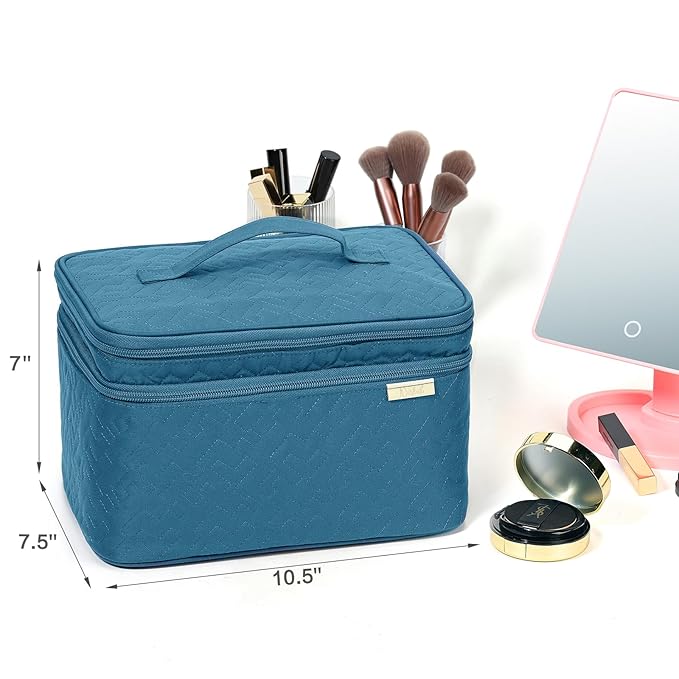 NISHEL Large Double Layer Travel Makeup Bag Women, Cosmetic Case, Organizer for Travel-Size Accessories Bottles, Brushes, Conditioner, and Skin Care Products, Lake Blue