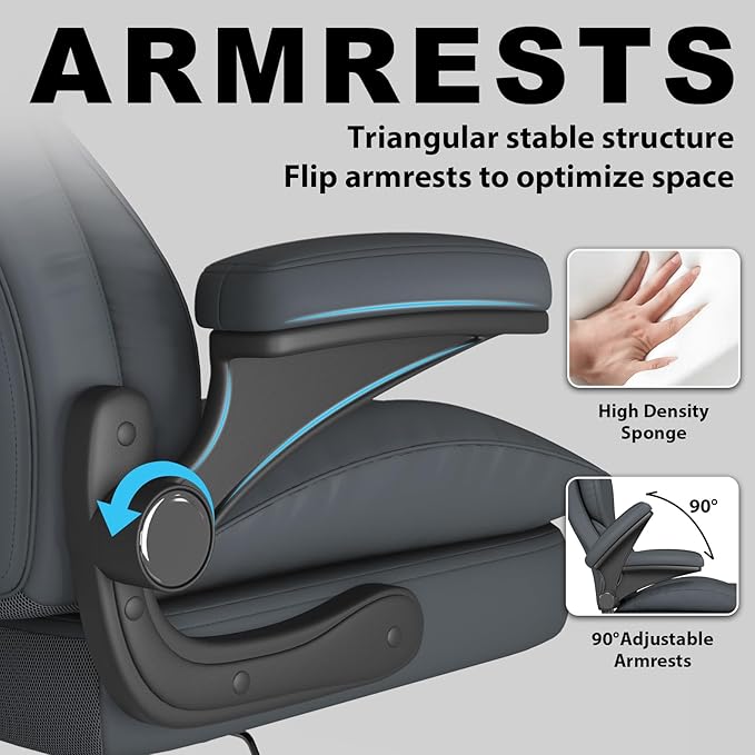 Hovos Office Chair, Ergonomic Big and Tall Desk Leather Chair with Padded Flip-up Arms, Adjustable Tilt Lock, Heavy Duty Swivel Rolling Computer Chair for Home Office, Grey