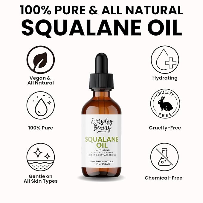 Squalane Oil - 100% Pure & Natural Plant Derived Facial Oil 1 Fl Oz Glass Bottle & Dropper - Cold Pressed and Unrefined Premium Grade Multipurpose Moisturizing Oil For Skin and Hair
