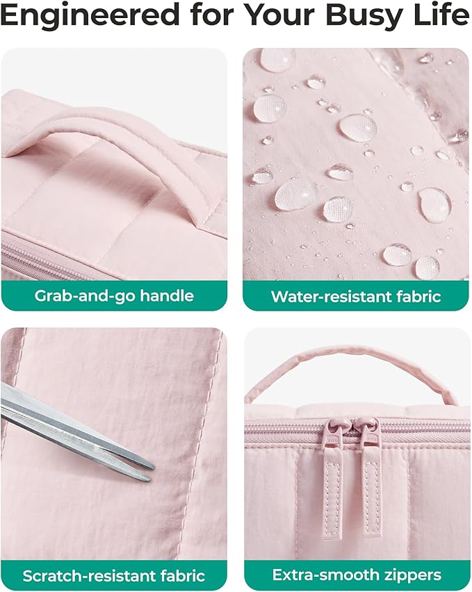 BAGSMART Travel Makeup Bag for Women, Portable Water-resistant Cosmetic Case, Puffy Padded Make Up Organizer Pouch, Open Flat Toiletry Bag for Toiletries, Brushes, Leopard