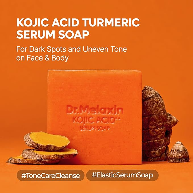 Dr.Melaxin Kojic Acid Turmeric Serum Soap – Tone Care Cleansing Bar for Uneven Skin Tone, Elastic Deep Cleansing Facial & Body Soap with Botanical Oils