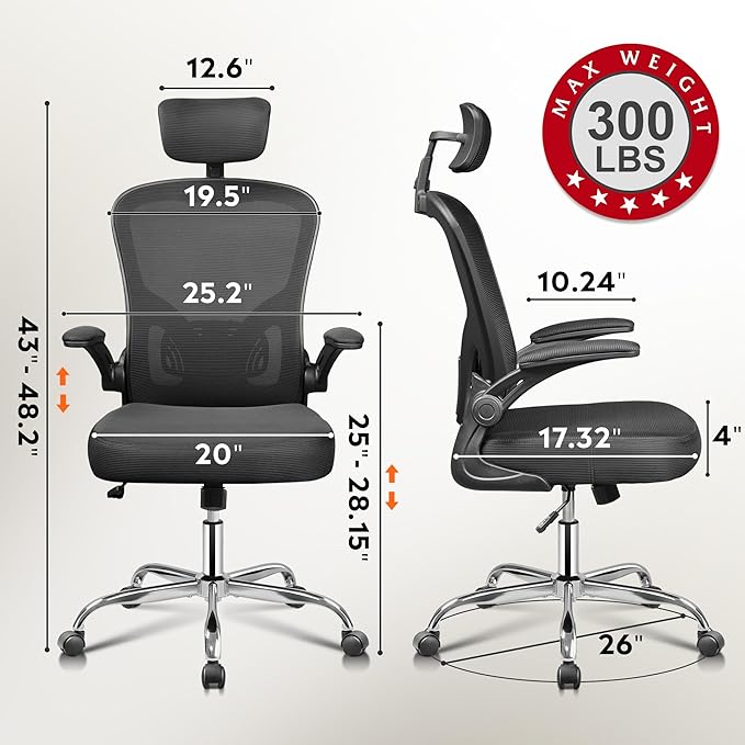 DEVAISE Office Chair High Back Mesh Ergonomic Desk Chair with Flip-up Armrests, Adjustable Headrest and Lumbar Support, Black