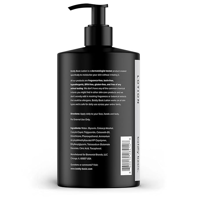 Boldly Basic Fragrance Free Lotion - Moisturizer for Dry and Sensitive Skin - Non Greasy - Unscented - Dermatologist Tested - No Sulfates, Parabens or Gluten - Hypoallergenic & Moisturizing (16 oz)