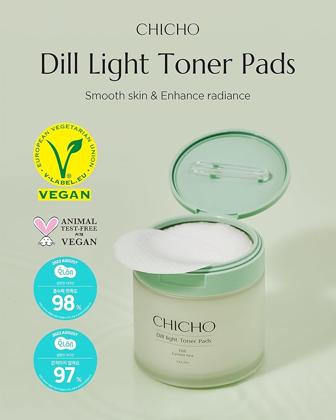CHICHO Dill Light Toner Pads (80 Pads) – Jumbo 7cm OEKO-TEX Standard 100 Class I 100% Cotton Dual-Sided Pads for Rough Texture & Makeup Prep – 82.9% Dill Extract, Face Exfoliating and Moisturizing