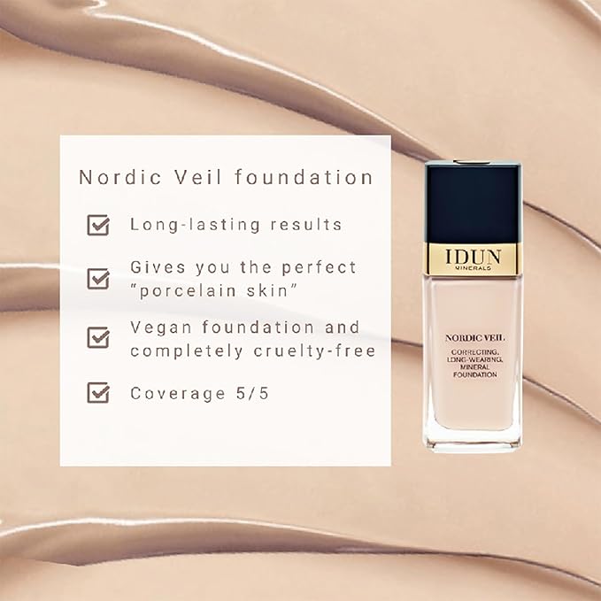 IDUN Minerals Nordic Veil Foundation - Full and Poreless Coverage, Long Lasting, Soft Matte Finish - Purified and Safe for Sensitive Skin - 310 Siri - Medium Neutral - 0.88 oz