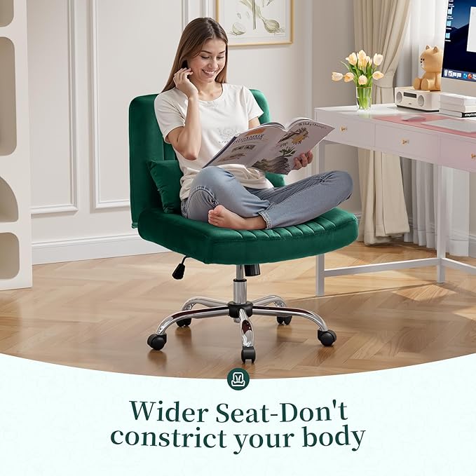 Warmiehomy Velvet Criss Cross Office Chair with Wheels, Luxury Cross Legged Desk Chair for Bedroom, Armless Wide Seat Computer Chair, Modern Vanity Chair, Gift for Teens & Girlfriend, Dark Green