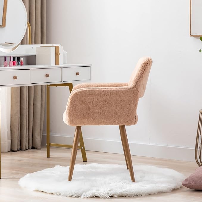 KCC Furry Desk Chair Set of 2, Mid-Century Modern Accent Faux Fur Chair for Teen Girls, Comfy Armchair with Wood Look Metal Legs for Living Room, Home Vanity Makeup Office Desk Chairs No Wheel,Camel