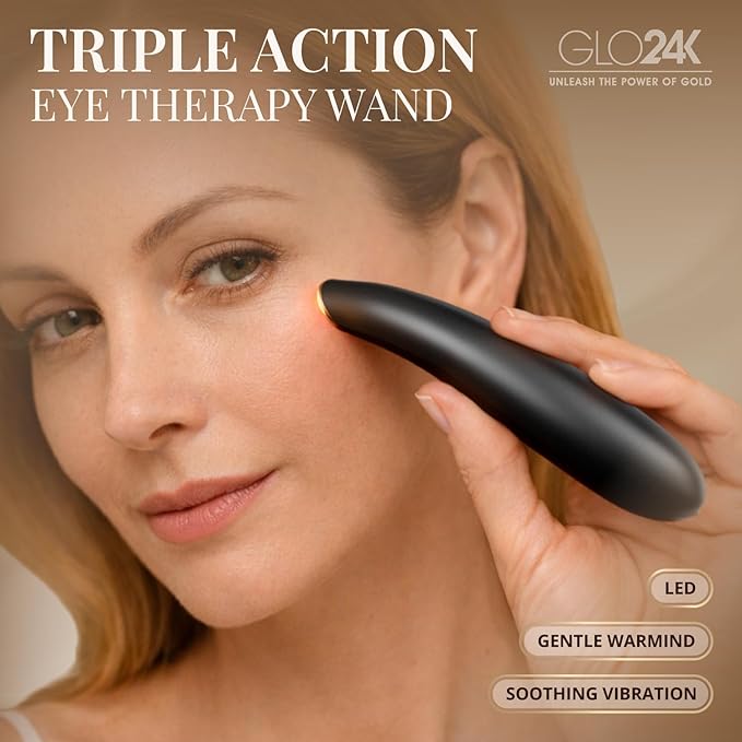 GLO24K Heated Eye Wand & Eye Massager Tool – Gentle Warmth & Vibration for Smoother-Looking Skin, Refreshing Under-Eyes Massage, Portable Beauty Device