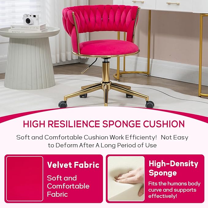 NIOIIKIT Velvet Office Desk Chair with Hand Woven Backrest, 360° Swivel & Height Adjustable Task Chairs, Makeup Chair, Computer Chair with Stainless Base and 5 Wheels (Rose Red)
