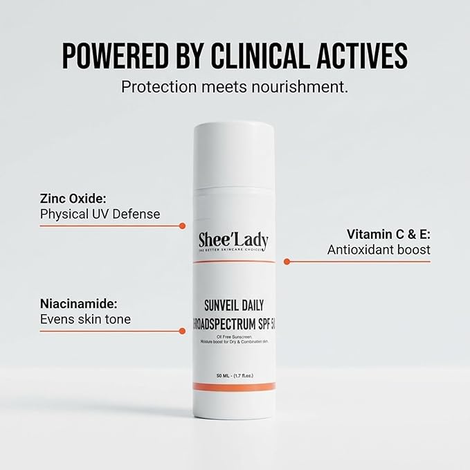 Shee'lady Sunveil Daily Broadspectrum UV Clear Face Sunscreen SPF 50, Oil Free Sunscreen with Zinc Oxide, Dermatologist Recommended