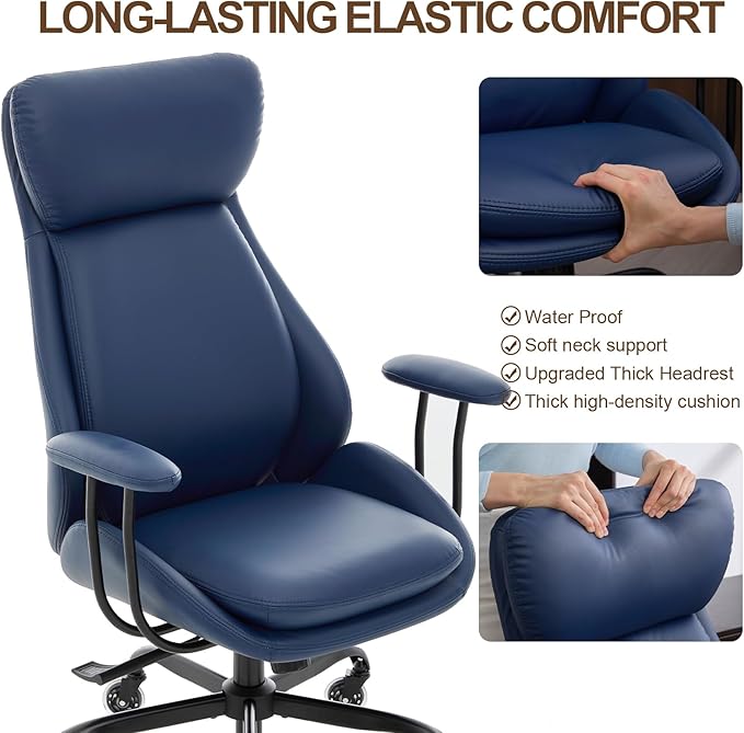 Office Chair, Leather Desk Chair with Rubber Wheels, Ergonomic Computer Chair 500 LBS with Lumbar Support, High Back Executive Chair for Modern Home Office, Blue
