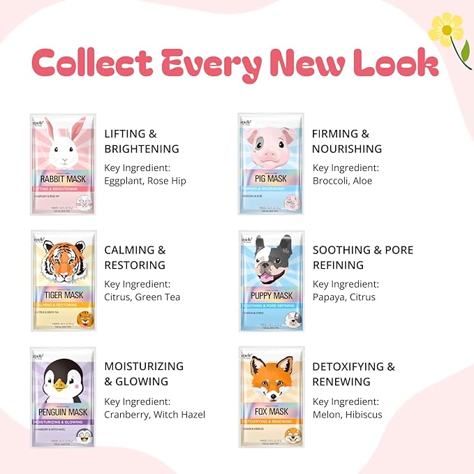 Epielle Character Face Mask Fuzzy Friends 6 Pack, Fun & Effective Korean Skin Care, Spa Party Favors, Easter Basket Stuffers, Birthday Gifts for Women, Self Care Gifts