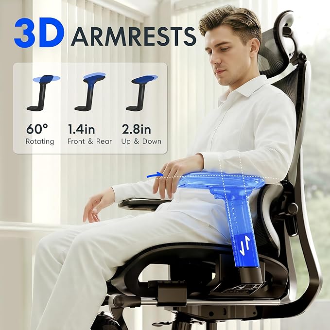 FLEXISPOT ErgoX Premium Ergonomic Office Chair with Footrest- Adjustable 3D Armrests, Dynamic Lumbar Support, Recline & Tilt Function, Mesh Seat, for Home & Office Use,Light Grey Foam
